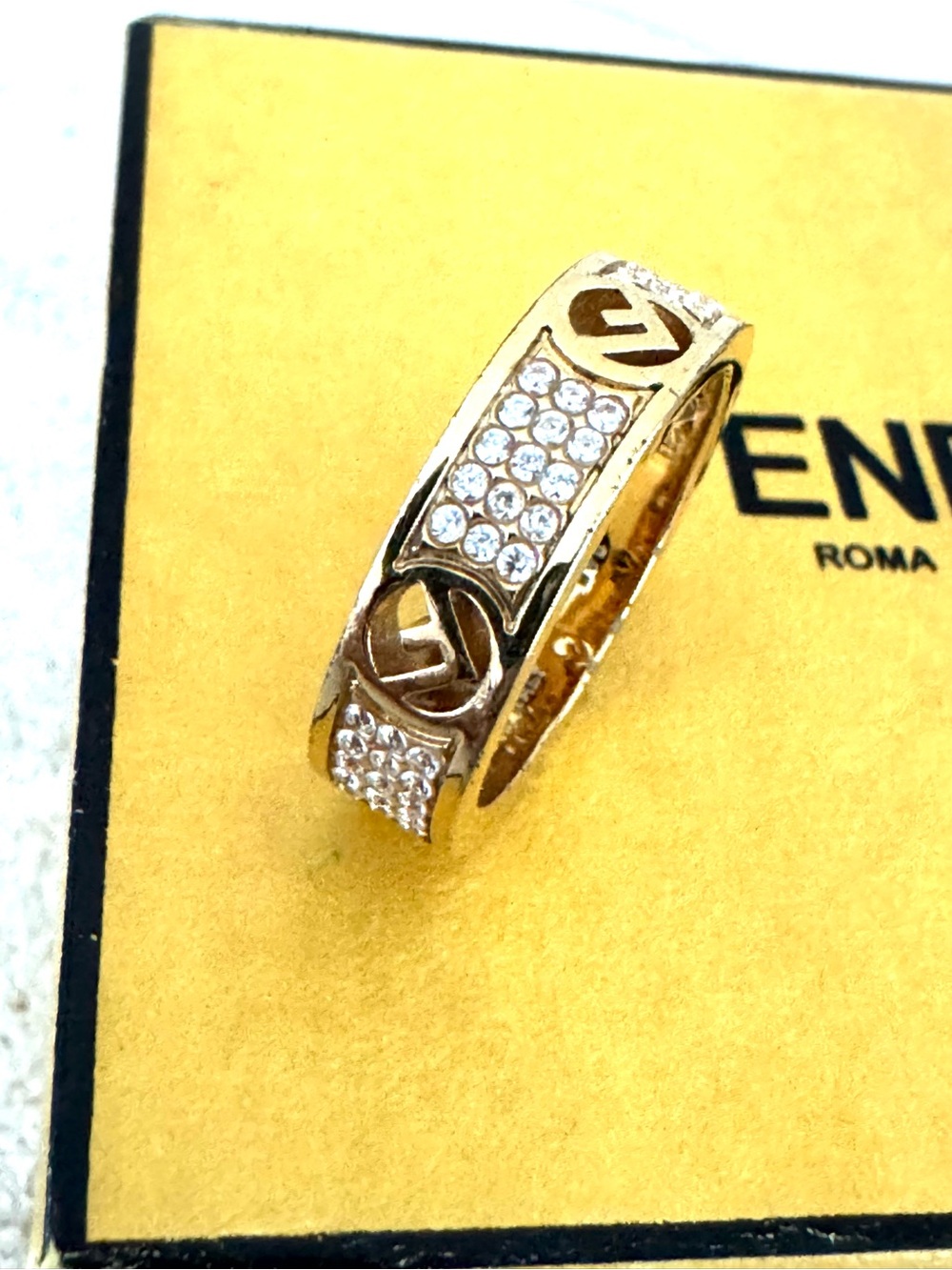 FENDI - FF Crystal Gold Tone Ring Size M Approx US 6.5-7 w Box - Picture 6 of 8